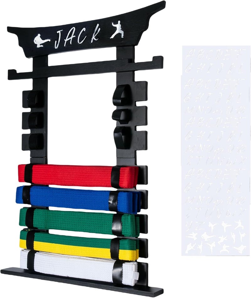humberboat Wall Karate Belt Display Rack with Medal Hanger and Stickers, Martial Arts Belt Display Holder, 8 Belt Taekwondo Belt Belt Display Hanging Holder for Kids and Adults-Brown - Image 1